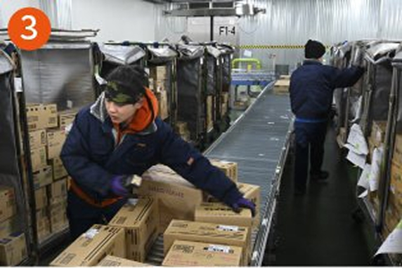 店舗別の保冷用カゴ車に積み込む